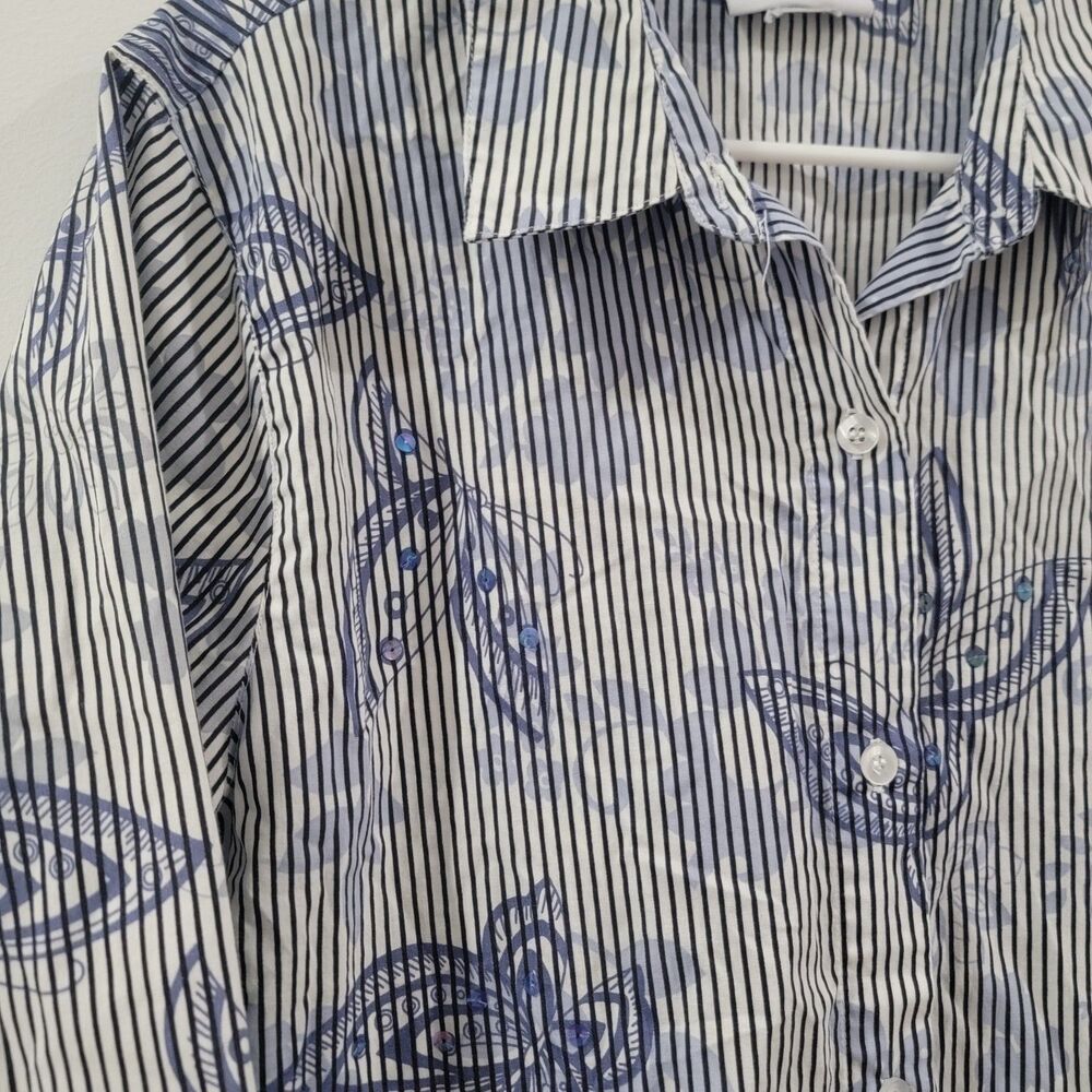 Alfred Dunner‎ Womens Button Up Top Size XXL Striped Butterflies Sequin - Picture 2 of 7